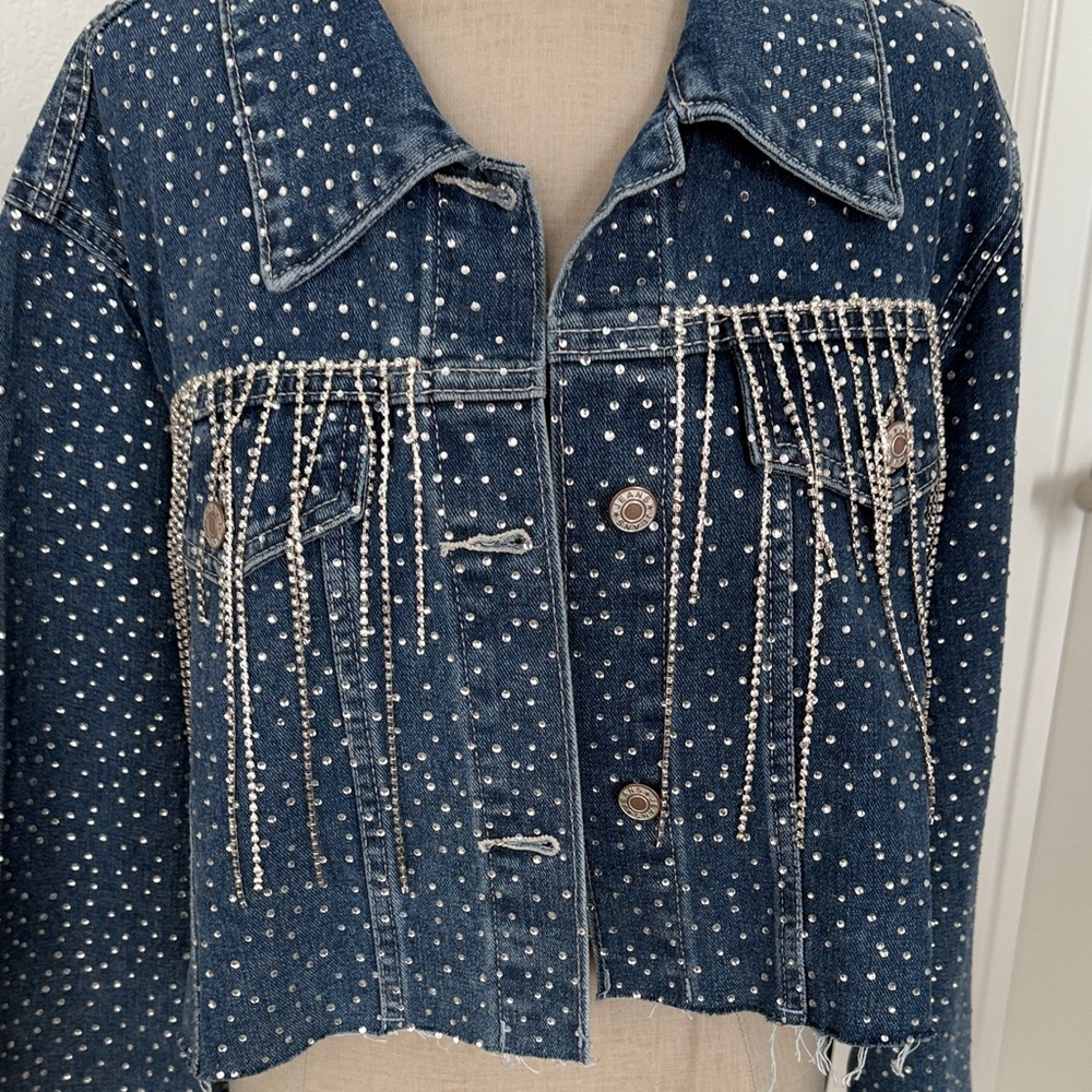 Embellished Rhinestone Fringe Jean Jacket - Picture 5 of 11